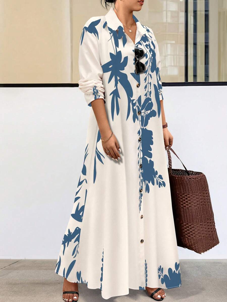 Calvaya 大码女式休闲花卉印花宽松衬衫裙，春秋季长款女装 - 彩色 - 查看 1