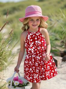 SHEIN Leap Crew Young Girl Woven Ditsy Floral Sleeveless Romper - Red - View 1