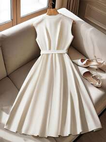 Franclia 休闲优雅前开中开珍珠纽扣收腰荷叶边下摆连衣裙，A 字型，杏色，夏季新款 - 杏色 - 查看 2