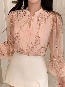 DAZY Women's Elegant Pleated Sequin Decorated Tie Front Long Sleeve Blouse, Summer Luxury - Pink - View 8