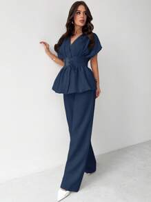 Firerie New Elegant Apricot Bamboo Knit V-Neck Buttoned Cardigan & High Waist Wide Leg Pants Commuter 2 Pieces Set - Navy Blue - View 5