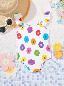 SHEIN Leap Crew Baby Girl Floral Print One-Piece Swimsuit, Casual Holiday Style - Multicolor - View 2