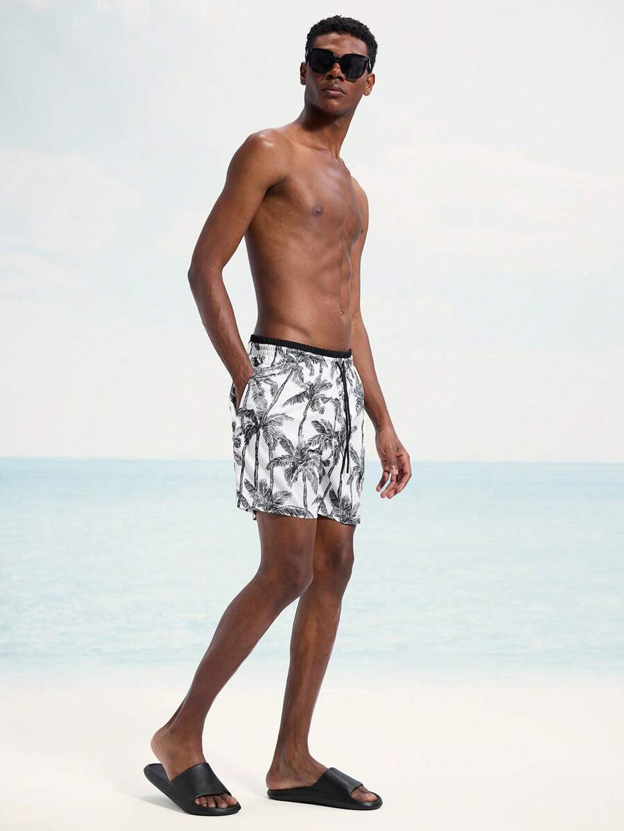 Surfspeed Men's Palm Tree Print Drawstring Waist Beach Shorts - Black - View 1
