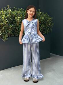 SHEIN Leap Crew Conjunto de 2 piezas para niñas preadolescentes con blusa sin mangas de cuello redondo con volantes y rayas + pantalones anchos de pierna suelta, para uso casual de resort - Azul - Ver 7