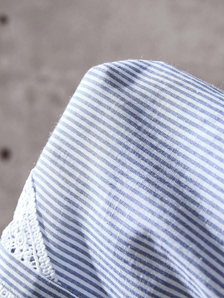 Women's Contrast Lace Striped V-Neck Short Puff Sleeve Casual Shirt, Urban Commuting Pullover Top For Summer