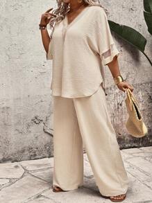 EMERY ROSE Conjunto de dos piezas de top con mangas de malla de encaje guipur y pantalones de unicolor para mujer de EMERY ROSE para el verano