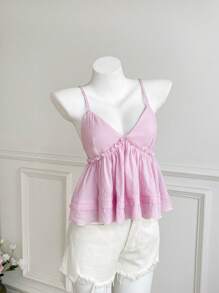 Elamini Women's Summer Casual Solid Color Frill Strap - Pink - View 3