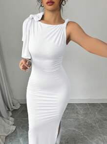 Rafferiza Sexy Form-Fitting Asymmetric Neck Left Shoulder Twist Right Shoulder Ribbon Ribbed Light Blue Women Long Dress - White - View 6