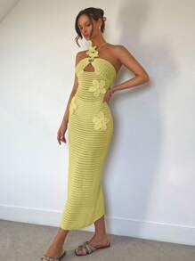 Roylia Vacation Elegant Floral 3D Decor Backless Cutout Knit Dress - Yellow - View 5