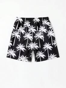 SHEIN Tween Boy Palm Tree Print Drawstring Waist Swim Shorts