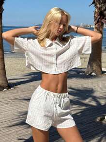 SHEIN EZwear 2 Pieces Apricot Striped Short Sleeve Shirt And Shorts Set, Minimalist Fashion, Suitable For Summer - Khaki - View 5