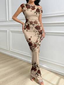 Modelyn Women's Elegant Rose Print Maxi Dress With Asymmetrical Neck And Short Sleeves - Multicolor - View 1