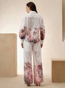 Anewsta Completo elegante e di nicchia con blusa a maniche lunghe con stampa floreale colorata in pizzo e pantaloni a zampa, adatto per primavera/estate, festival, vacanze