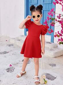 SHEIN Leap Crew Vestido informal de unicolor de cuello redondo y manga corta sin espalda para niña joven - Rojo - Ver 3