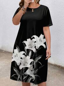 EMERY ROSE Plus Size Tropical Floral Print Vacation Dress - Black - View 3