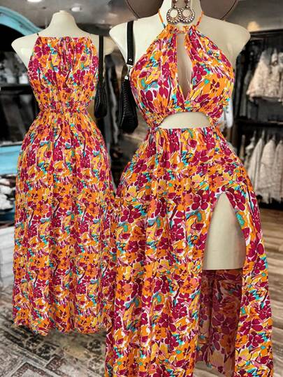 Flirla Vestido largo de playa bohemio elegante vintage con estampado de flores, de talla grande para mujeres, con espalda abierta y escote de halter con abertura