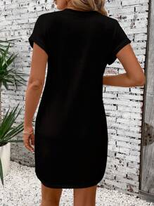 SHEIN LUNE Casual Loose Rock Music Festival Women's Round Neck Short Sleeve Dress, Suitable For Summer Chic Dress