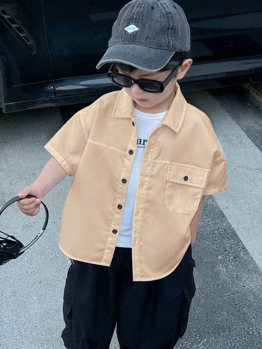 SHEIN 年轻男孩休闲百搭实用贴袋宽松编织衬衫,适合学校、花园、海滩、生日、春季、夏季、秋季、冬季 - 卡其色 - 查看 1