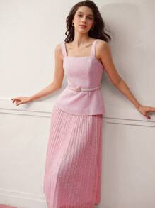 MOTF PREMIUM VESTIDO DE MALLA CONTRASTANTE CON CINTURÓN - Rosa - Ver 3