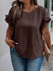 SHEIN Clasi Camicetta casual con volant sulle maniche, di colore solido, per donne taglie forti, estiva