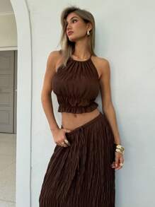 Aloruh Sexy Solid Color Backless Halter Crop Top + Ultra Long Skirt, Summer Set, Fairycore - Brown - View 6