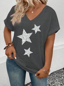 INAWLY Women's V-Neck Flare Cuff Star Print Casual Versatile Plus Size T-Shirt - Dark Grey - View 6