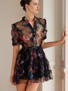 Aveloria Rosie Váy ngắn nữ cổ chữ V tay bồng họa tiết hoa 3D họa tiết hoa thanh lịch cổ điển in họa tiết hoa trên vải voan ôm sát eo xòe dáng chữ A phong cách Boho thời trang cho mùa hè xuân thu thu đông - Nhiều màu - Xem 5