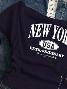 SHEIN 青少年女孩休闲百搭日常运动时尚夏季不对称肩部文字印花短款上衣返校服装