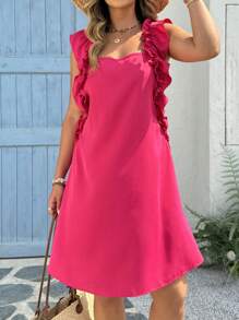 SHEIN LUNE Summer Women Outfit Elegant Going Out Tops Romantic Dress Pink Camisole A-Line Midi Dress With Lace Trim