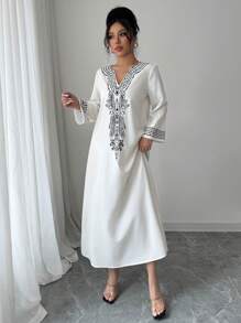 Elenzga 女士宽松定位印花长袍，时尚长裙 - 杏色 - 查看 5