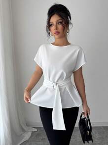 Elenzga Blusa donna primaverile/estiva, design di nicchia minimalista, con collo tondo, maniche a campana, vita stretta e effetto snellente