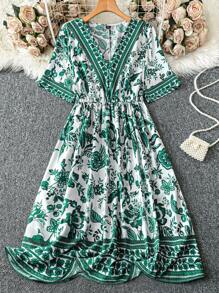 SHEIN LUNE Plus Size Women Blue-White Floral Print Short Sleeve Dress,Summer Dresses For Women,Beach Outfits For Woman,Easter Dress Women, Western Wear Women, Boho, Hippie, Cowgirl Outfit, Bohemian,Summer Outfits For Women, Easter Dress Women, Spring Break Outfits, Floral Dress Women, Ibiza Fit, Beach Outfits For Woman/Beach Summer Boho Old Money - Green - View 1