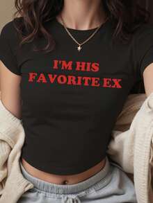 Flirla 大码女士标语图案圆领短款修身 T 恤我是他最喜欢的前任夏季款