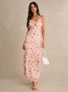 Poéselle 镂空吊带长裙，适合夏季的简约风格，女士端庄连衣裙，雪纺荷叶边露背连衣裙，茶会连衣裙，女士夏季连衣裙 - 彩色 - 查看 3