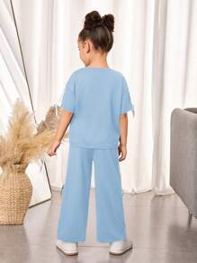 SHEIN Leap Crew Young Girl Solid Color Knitted Crew Neck Loose T-Shirt And Loose Pants 2 Pieces Set - Blue - View 3