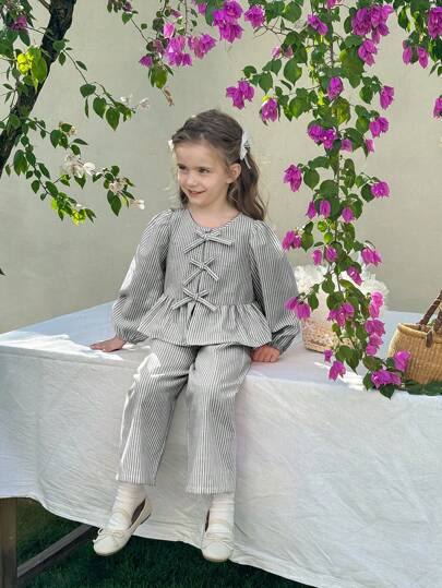 SHEIN LMoss Kids LMoss Young Girl 2pcs Young Girl Woven Striped Blouson Sleeve Loose Casual Blouse Andwide Leg Pants Sets,Bow Blouse, Great For Casual & Daily Wear
