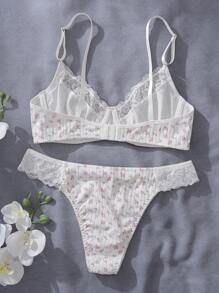 Dream Adore Set de 2 piezas de lencería para mujer con soportes de alambre, taza 3/4, encaje floral romántico y parches con lazo decorativo