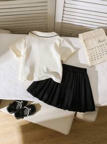 Souflis Souflis 2pcs/Set Baby Girl Infant Toddler 0-3 Years Old Casual & Elegant Polo Shirt Top And Pleated Skirt Outfit Set