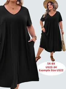 SHEIN CURVE+ Plus Size V-Neck Side Slit Short Sleeve Maxi Knit Dress, Stretchy & Comfy