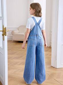 SHEIN Macacão Denim Básico e Confortável com Detalhes em Patch para Meninas Pré-Adolescentes, Roupa Casual Estilo Y2K para Uso Diário, Férias e Roupas de Verão e Primavera para Meninas Pré-Adolescentes