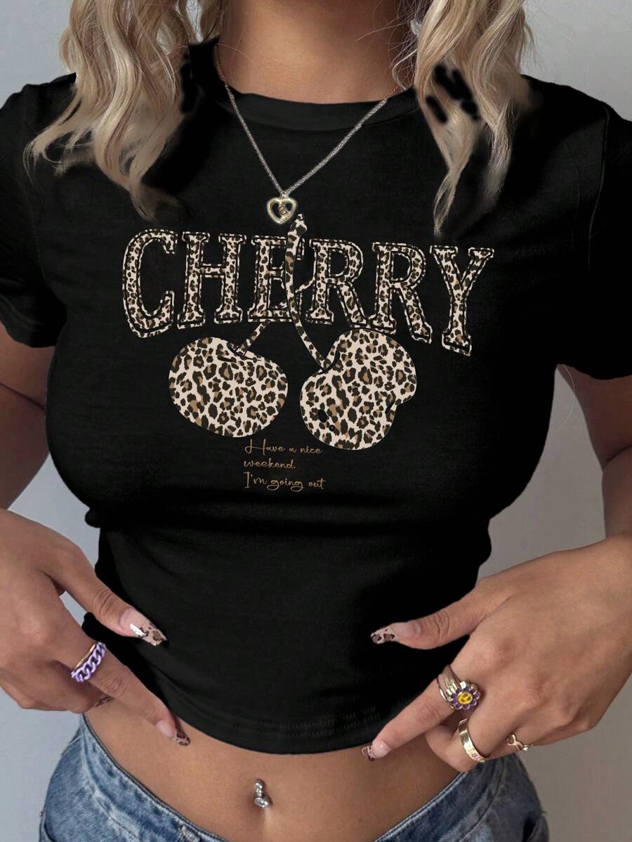 SHEIN EZwear Casual Cropped Leopard Print Cherry Graphic Round Neck Short Sleeve Fitted Women T-Shirt, 34% Cotton, Suitable For Summer - Black - View 1