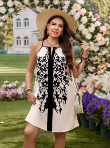 SHEIN LUNE 大码女式花卉印花休闲无袖连衣裙，适合假期穿着