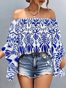 EMERY ROSE Women Holiday All Over Print Off Shoulder Bell Sleeve Loose Shirt - Blue and White - View 3