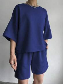 INAWLY 2 件套女士纯色落肩上衣和腰带短裤套装 - 寶藍色 - 查看 5