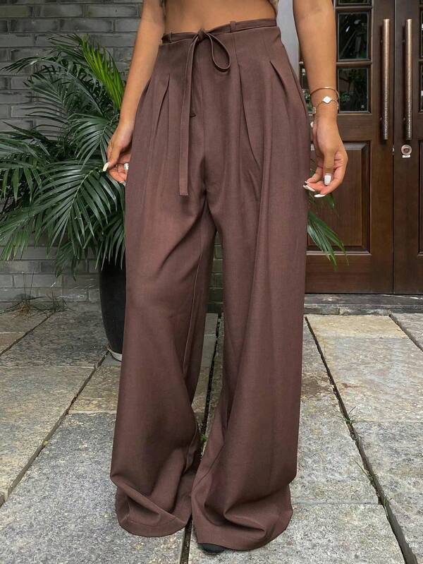 Livesso Pantaloni largi, lejeri, cu șnur și fermoar, pentru femei Old Money, culoare solidă, casual