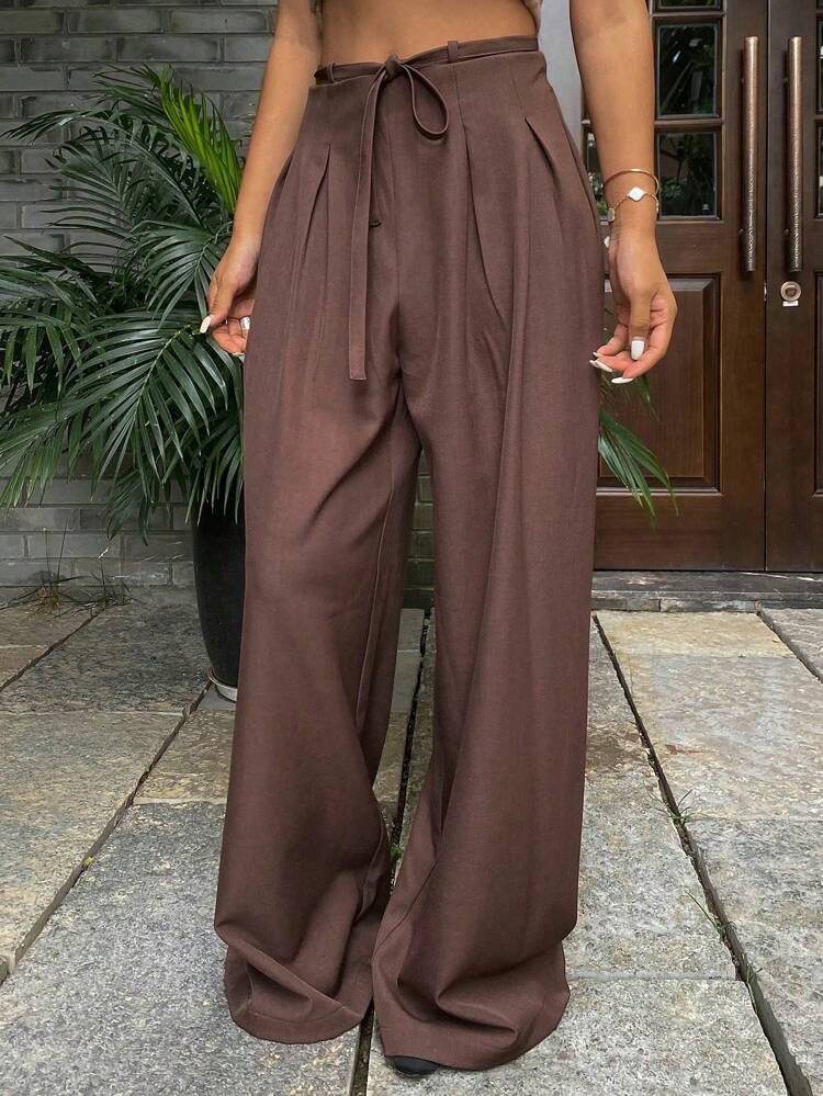 Old Money Women's Casual Solid Color Loose Wide Leg Pants With Drawstring And Zipper Fall