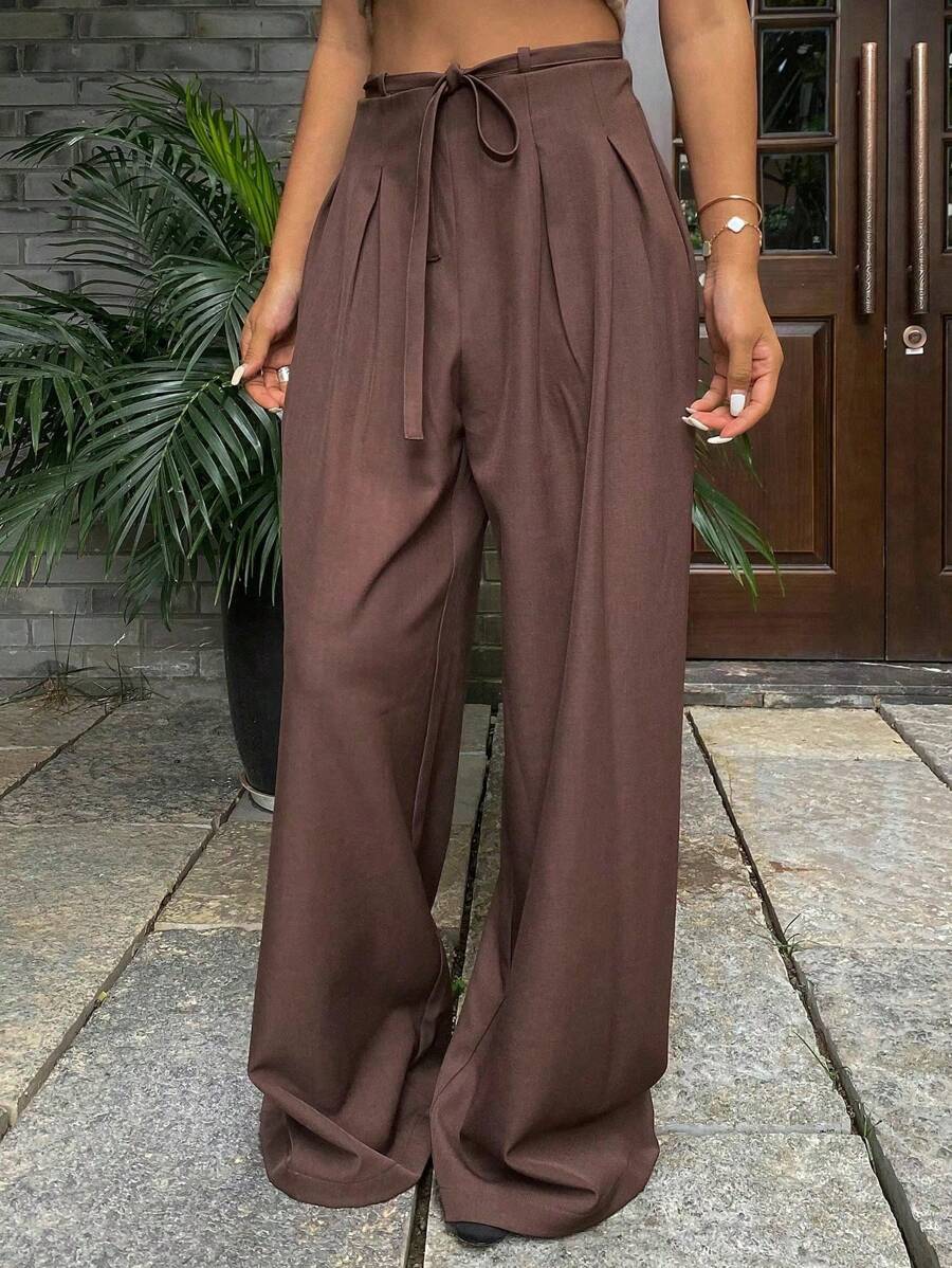 Livesso Old Money Women's Casual Solid Color Loose Wide Leg Pants With Drawstring And Zipper Fall - Coffee Brown - View 1
