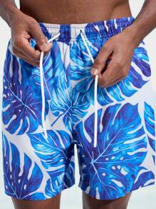 Surfspeed Men's Tropical Plant Print Drawstring Waist Beach Shorts - Blue - View 6