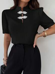 Firerie New Romantic Puff Sleeve Color Blocking Button Front Blouse, Elegant For Ladies On Valentine's Day, Spring/Summer