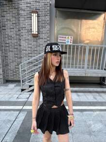 SHEIN Teen Girls Spring/Summer Striped Single-Breasted Top And Skirt Set